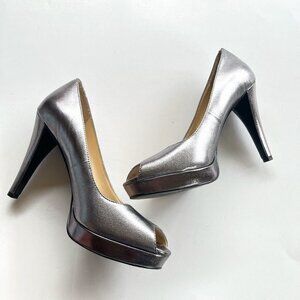 Calvin Klein Women's Sandie Platform‎ Pump Open Toe Silver Leather Size 8…